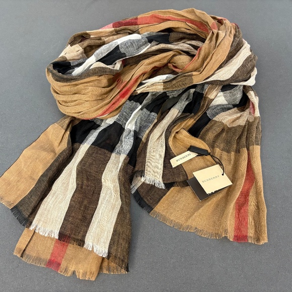 NWT BURBERRY Linen Rectangle Scarf Giant Exploded Check Pattern Unisex Nova - Picture 6 of 10